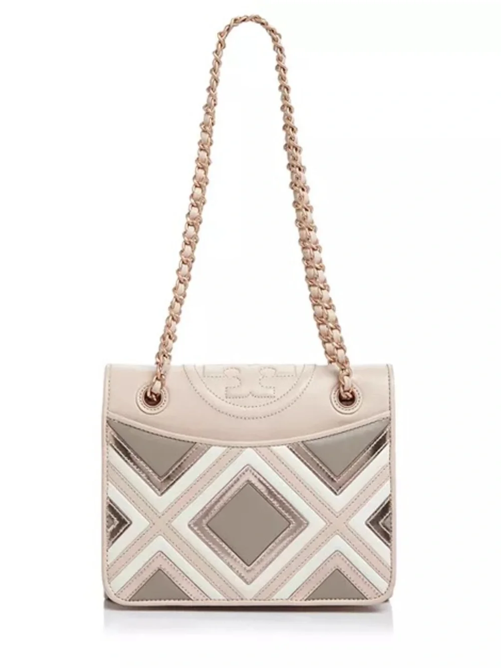 Tory Burch Pink, Taupe & Cream Quilted Chain Shoulder Bag
